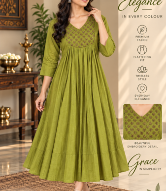 Women's Embroidered Midi Dress – V-Neck A-Line Ethnic Kurti Dress