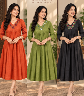 Women's Embroidered V-Neck A-Line Midi Dress / Kurti with Scalloped Sleeves