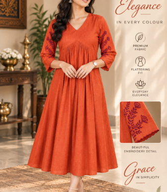 Women's Rust Orange Midi Dress – Floral Embroidered Sleeve A-Line Kurti Dress