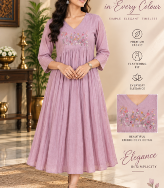 Women's Lavender Embroidered Midi Dress – V-Neck A-Line Ethnic Kurti Dress