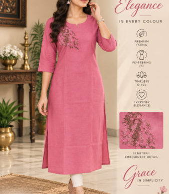 Women's Dusty Pink Embroidered Straight Kurti