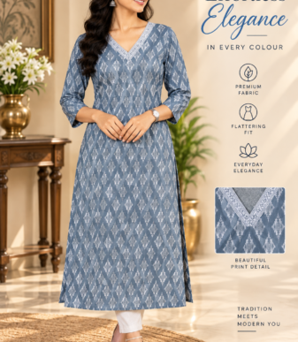 Women's Slate Blue Ikat Print A-Line Kurti – V-Neck Printed Cotton Daily Wear Kurta