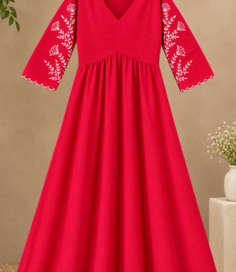 V-neck A-line maxidress / Anarkali kurta with floral sleeve embroidery and scallop cuffs